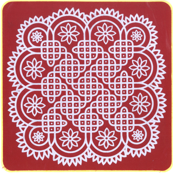 Square mandala with rounded corners, dark red with a tender white pattern